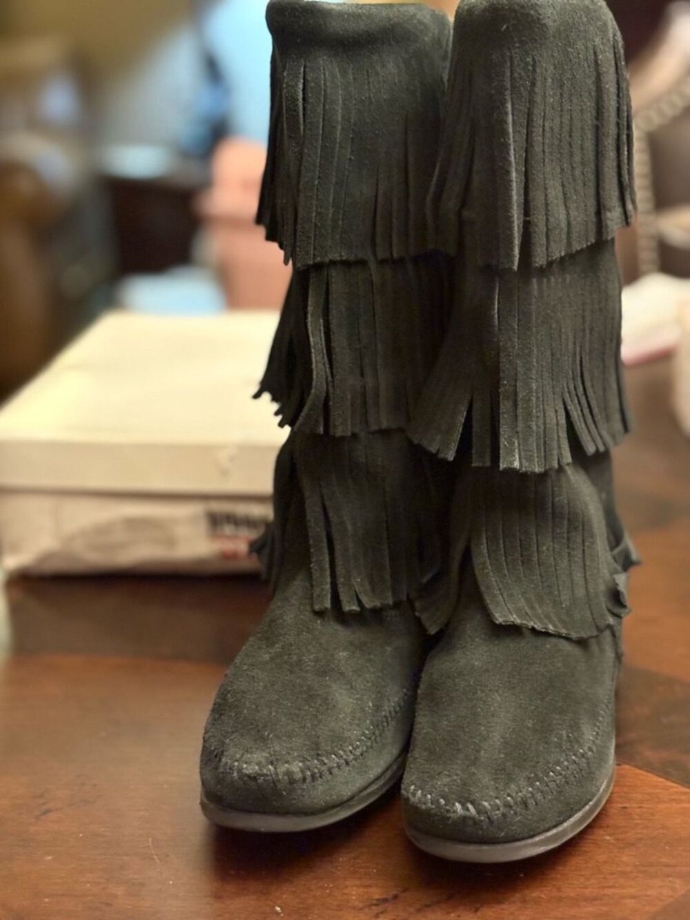 Minnetonka Black Suede 3-Tier Fringe Calf Boots Size 8 NIB #1639